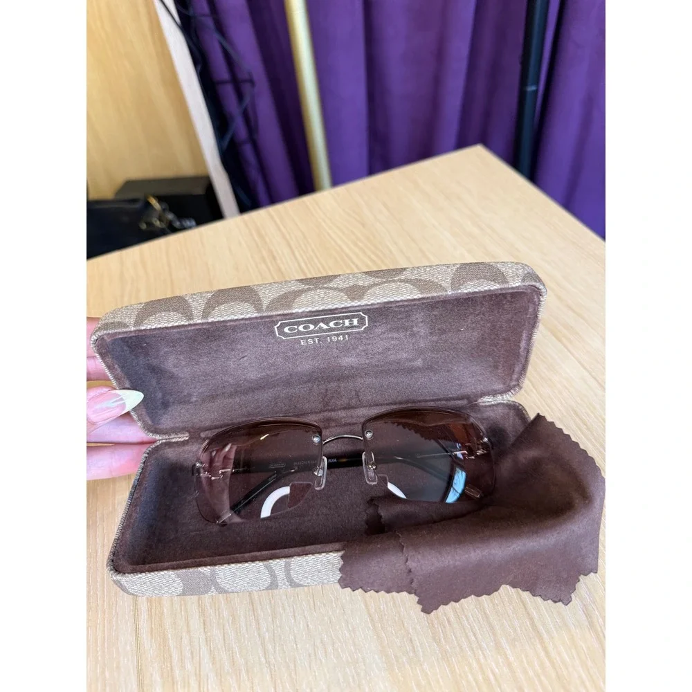 Coach Bleecker S5222 Sunglasses Brown Rimless Rectangle Tortoise Case